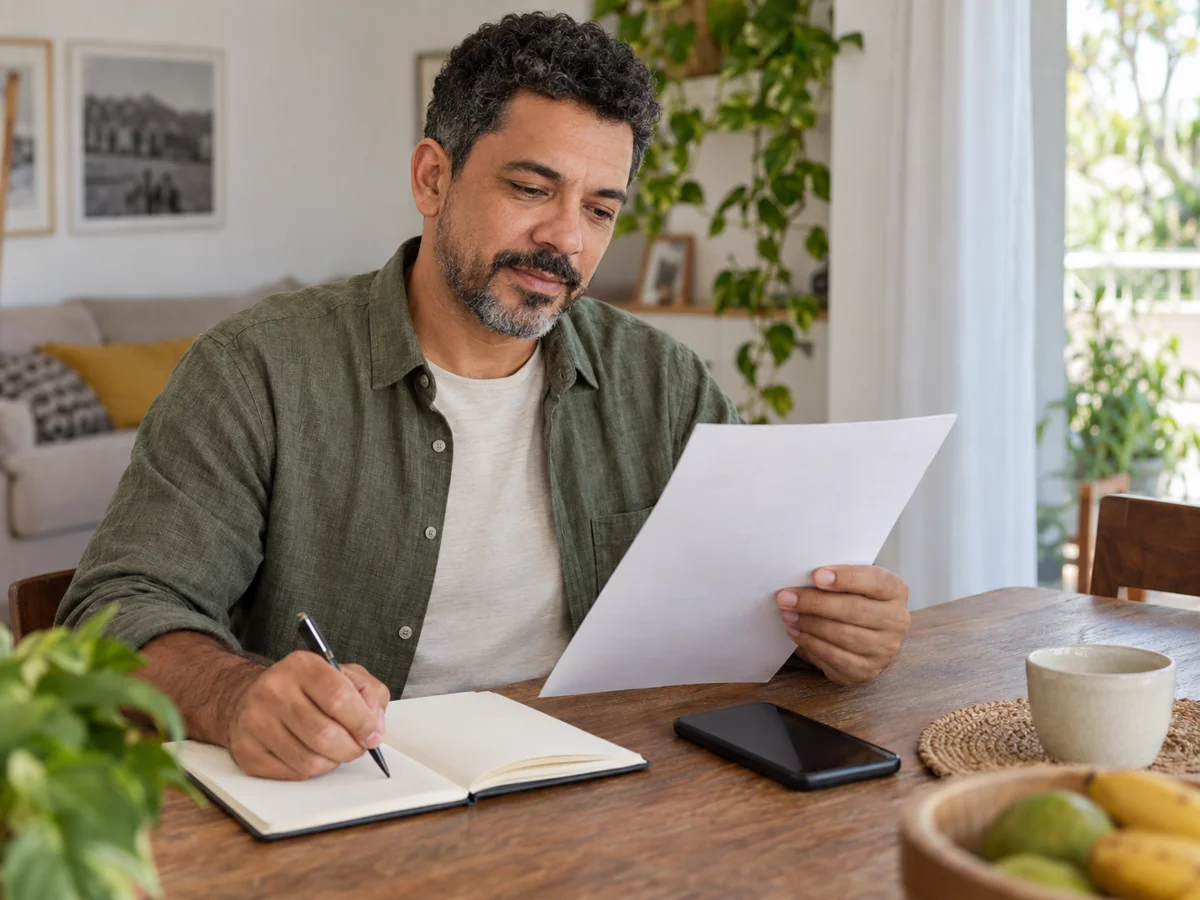 Homem lendo um documento e fazendo anotações em casa