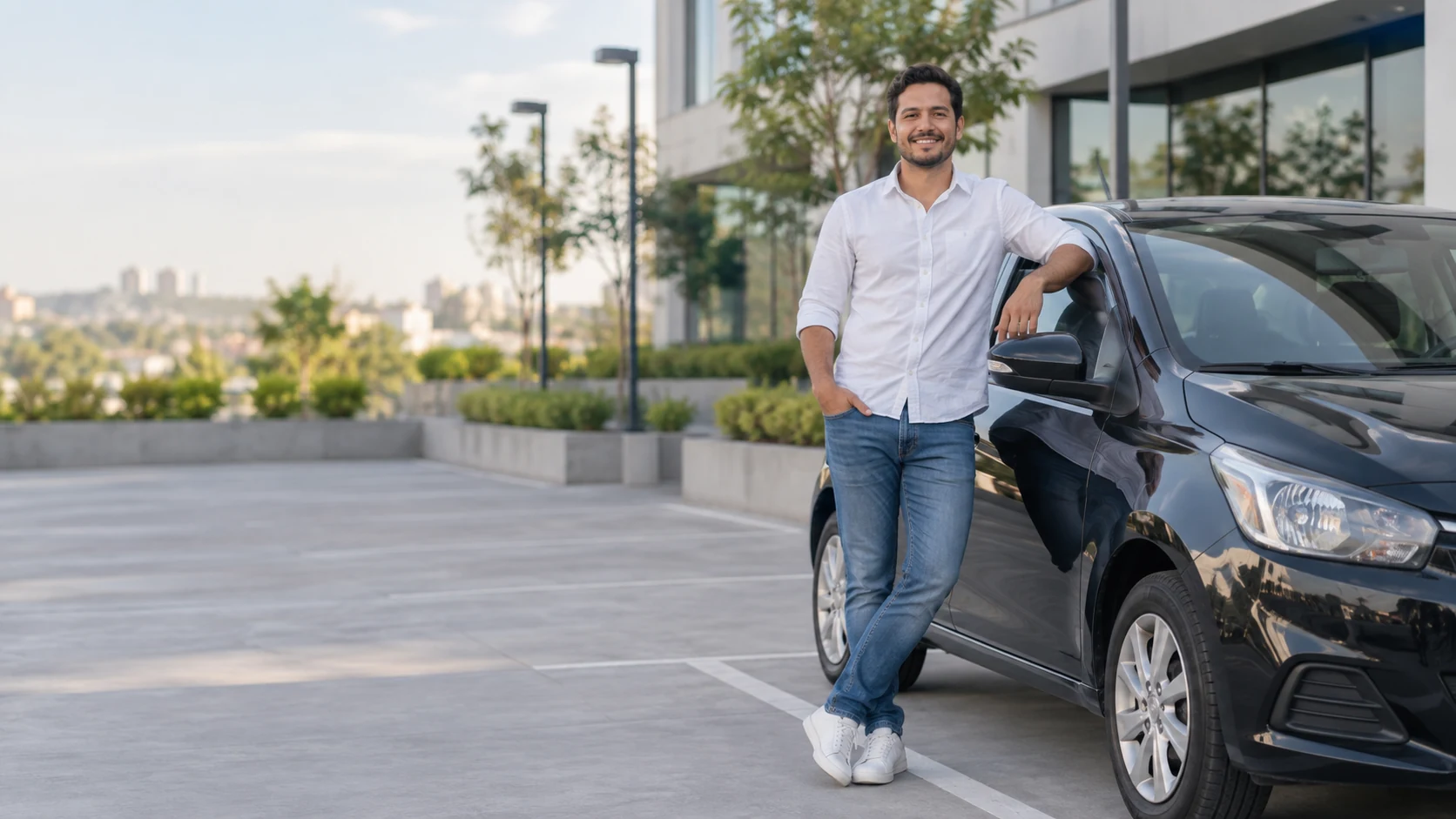 Homem ao lado de um carro em um estacionamento, imagem ilustrativa